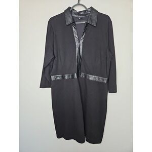 Talbots Dress 18 Black Ponte  Faux Leather Trim Collared Elegant Capsule Basic